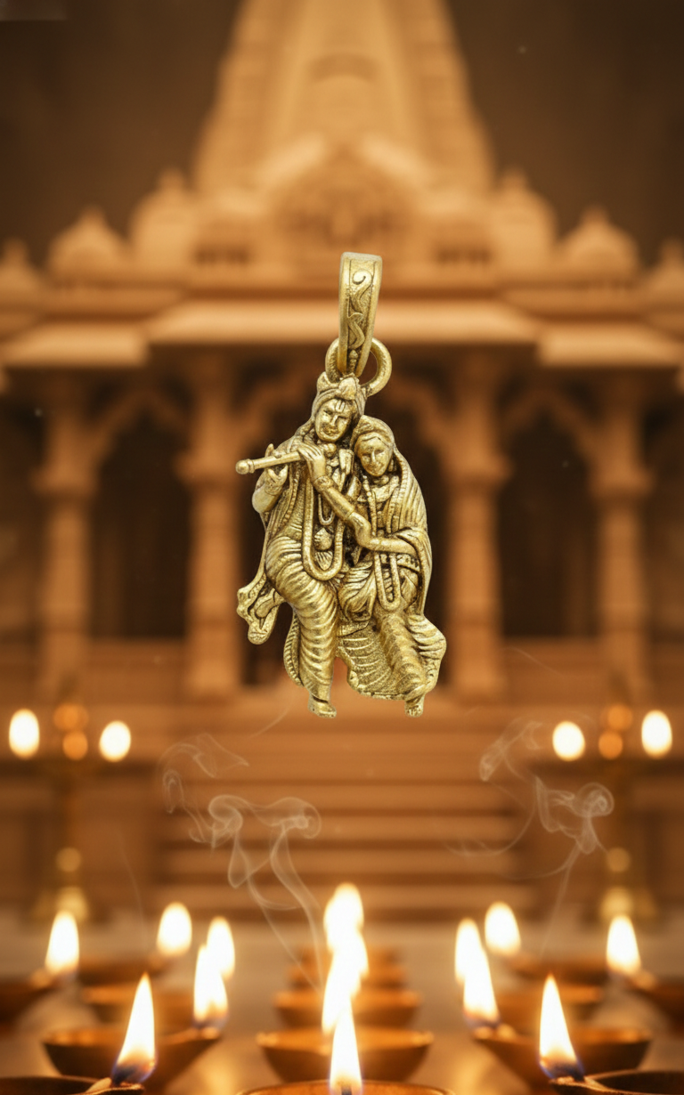Gold Plated Radha Krishna Pendant – Traditional Flute Design Religious Jewellery