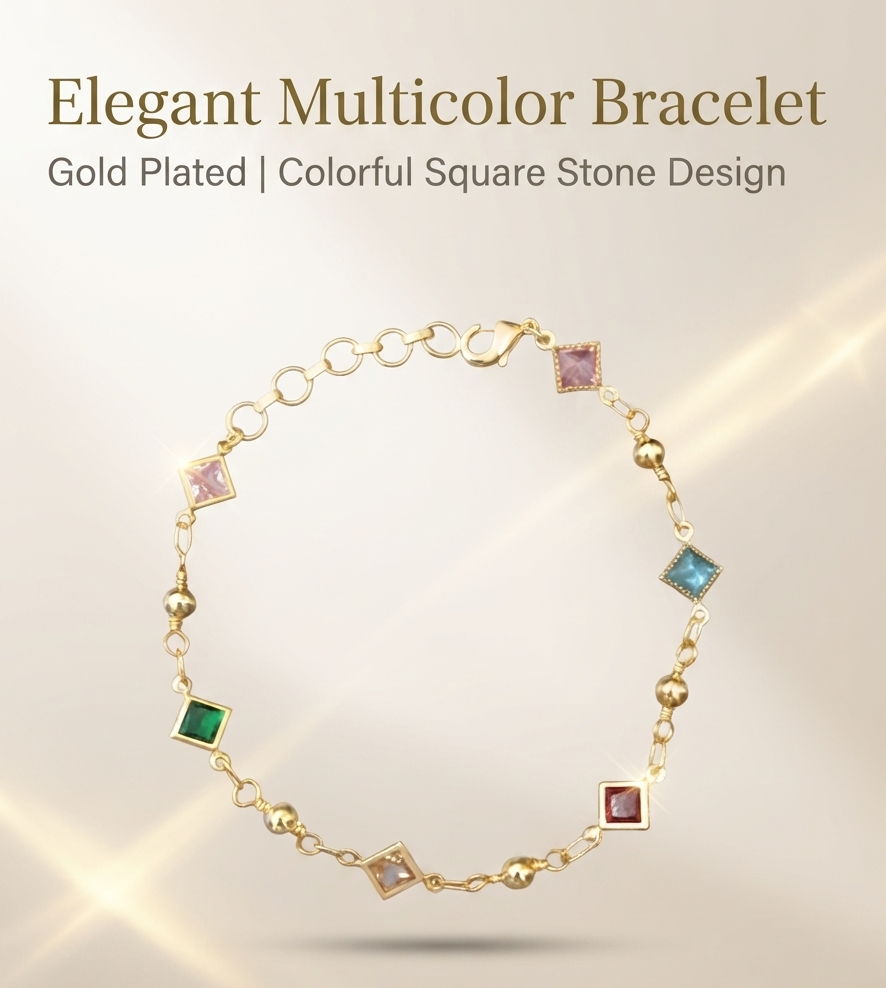 Gold Plated Brass Multicolour Square Crystal Bracelet | Adjustable Fashion Bracelet for Women & Girls