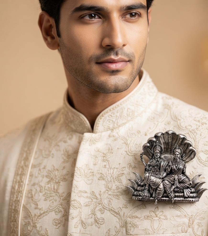 Silver Plated Brass Lakshmi Narayan Divine Brooch for Men & Women | Spiritual Temple Jewelry