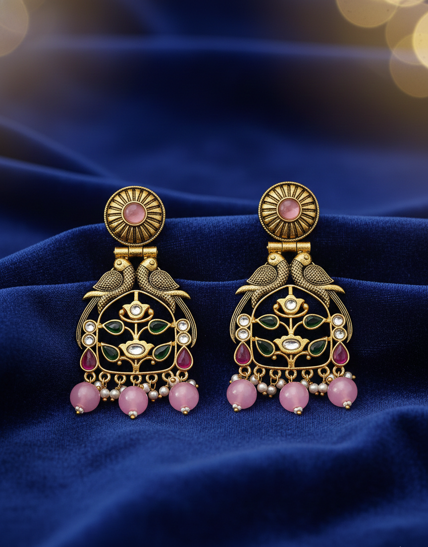 Handcrafted Oxidized Gold Plated Earrings with Colour Stones and Pink Bead Danglers