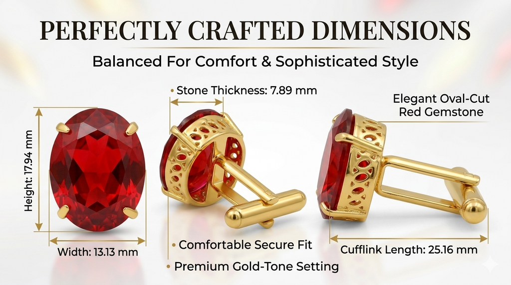Classic Gold Plated Brass Oval Ruby Red Stone Formal Shirt Cufflinks