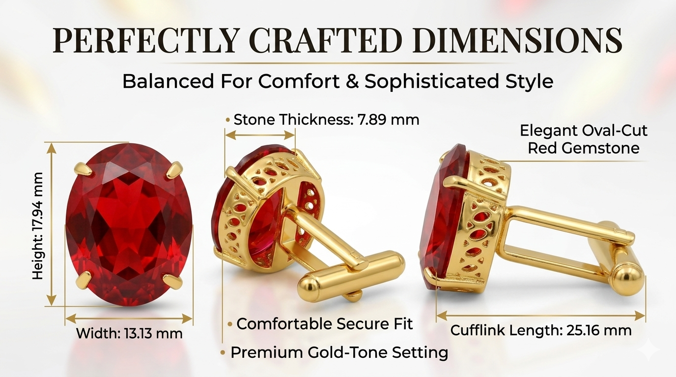 Classic Gold Plated Brass Oval Ruby Red Stone Formal Shirt Cufflinks
