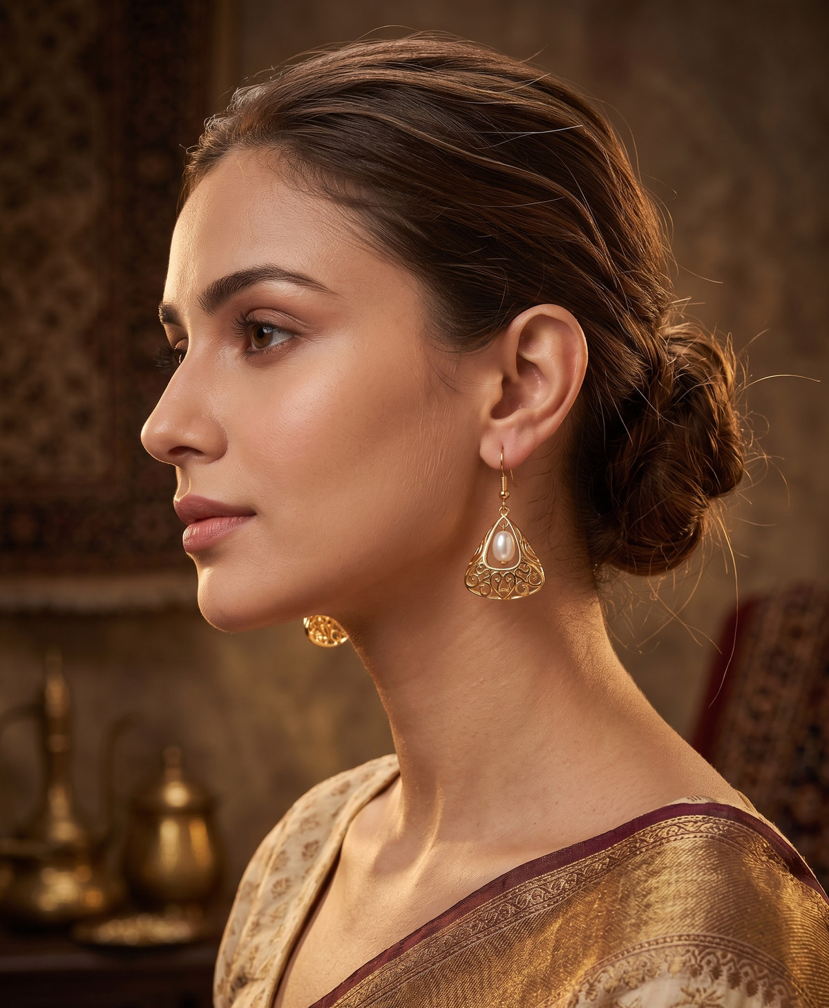 Gold Plated Brass Basket Drop Earrings with White Stone | Elegant Filigree Dangle Earrings for Women