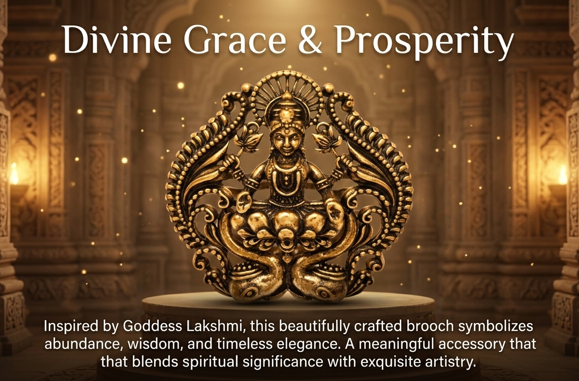 Divine Maa Lakshmi Oxidized Gold Plated Brass Brooch