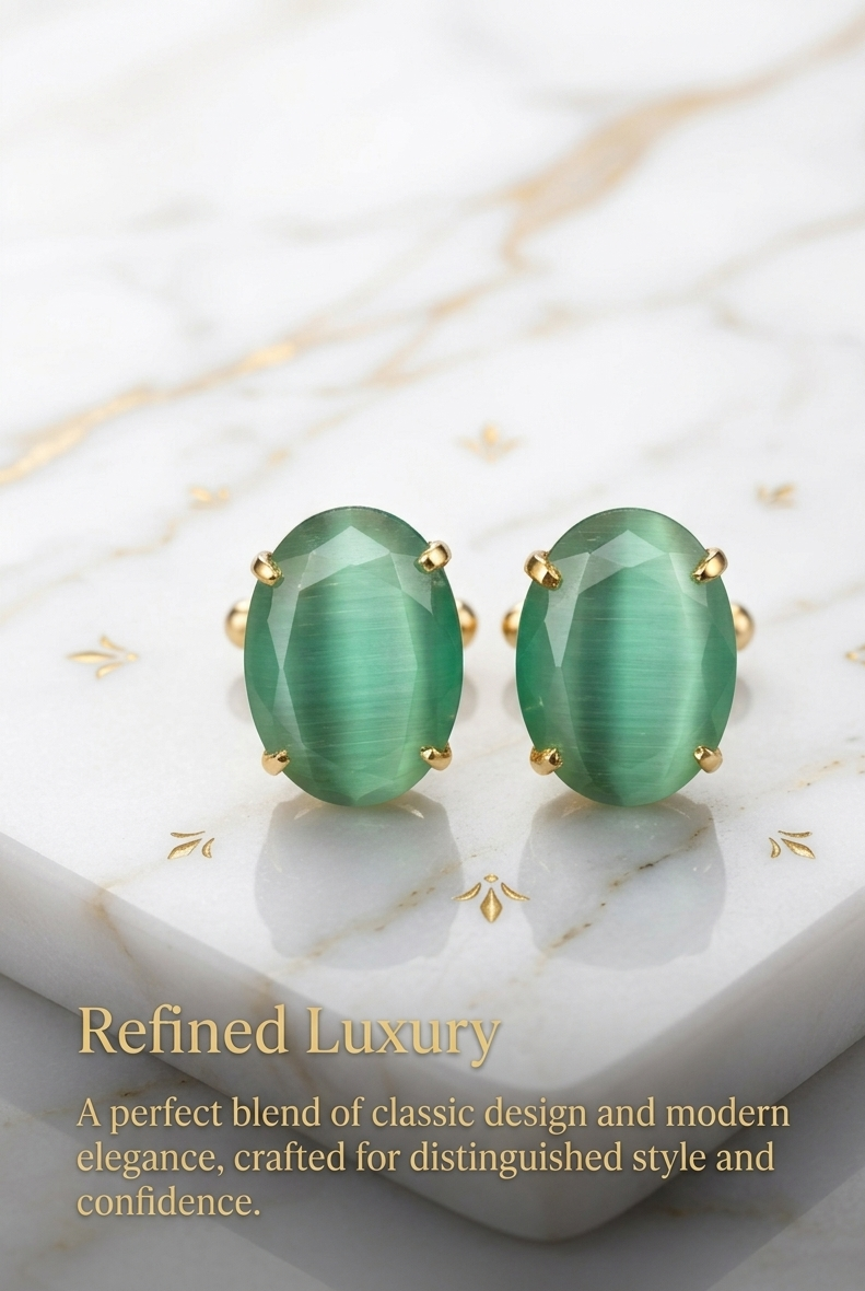Green Cat's Eye Stone Gold-Plated Cufflinks for Men | Luxury Formal Accessories