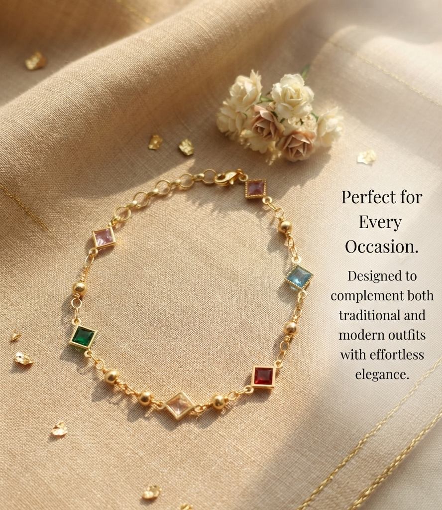 Gold Plated Brass Multicolour Square Crystal Bracelet | Adjustable Fashion Bracelet for Women & Girls