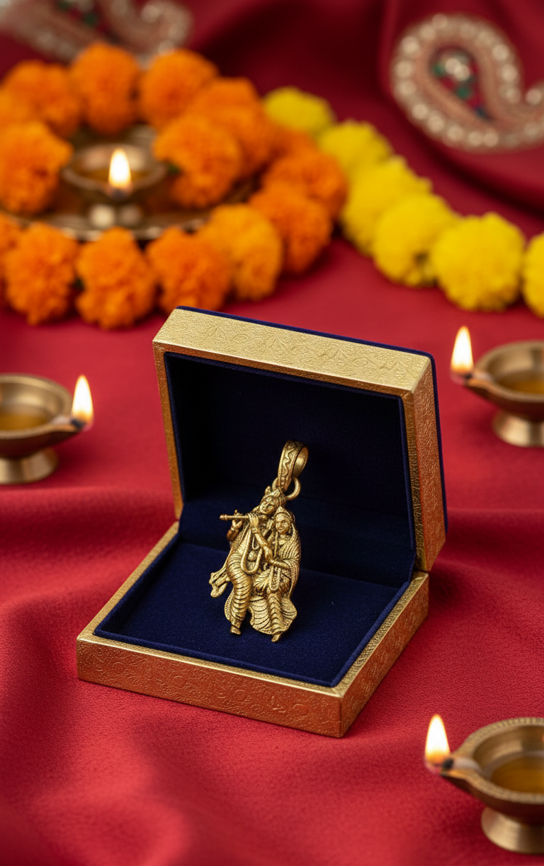Gold Plated Radha Krishna Pendant – Traditional Flute Design Religious Jewellery