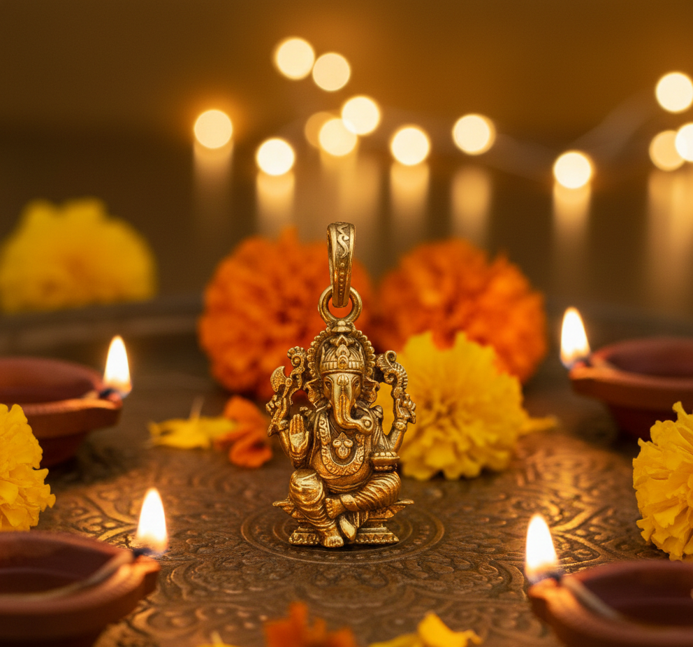 Shree Ganesh Ji Gold Plated Pendant for Men & Women | Antique Finish Ganpati Bappa Locket | Spiritual & Religious Jewellery | Lucky Blessing Pendant for Daily Wear & Gift