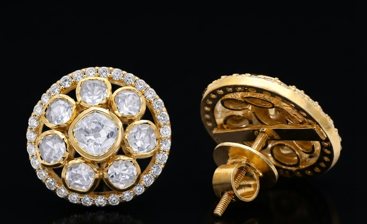Gold Plated 925 Silver Moissanite Polki Round Stud Earrings | Handmade Luxury Wedding & Party Earrings for Women Made to Order