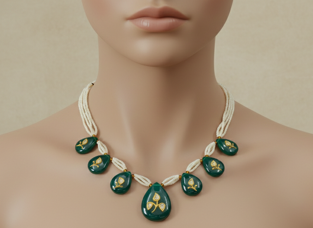 Handcrafted Green Onyx & Diamond Polki Necklace with Seed Pearl Strands – Royal Kundan Jewelry for Women