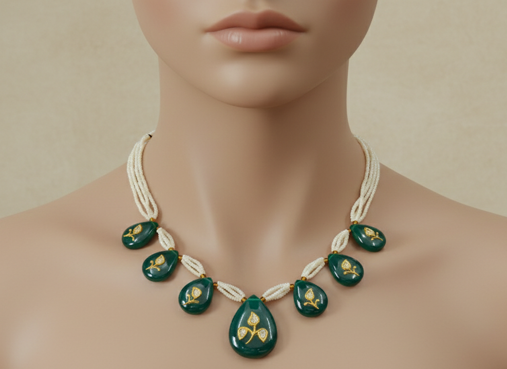 Handcrafted Green Onyx & Diamond Polki Necklace with Seed Pearl Strands – Royal Kundan Jewelry for Women