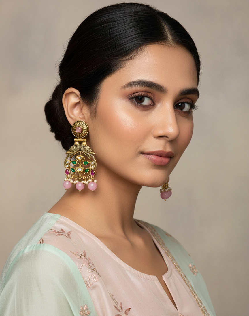 Handcrafted Oxidized Gold Plated Earrings with Colour Stones and Pink Bead Danglers