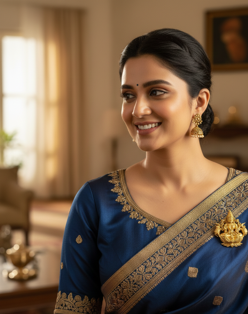 Gold Plated Brass Laxmi Maa Designer Brooch for Saree, Blazer & Ethnic Wear