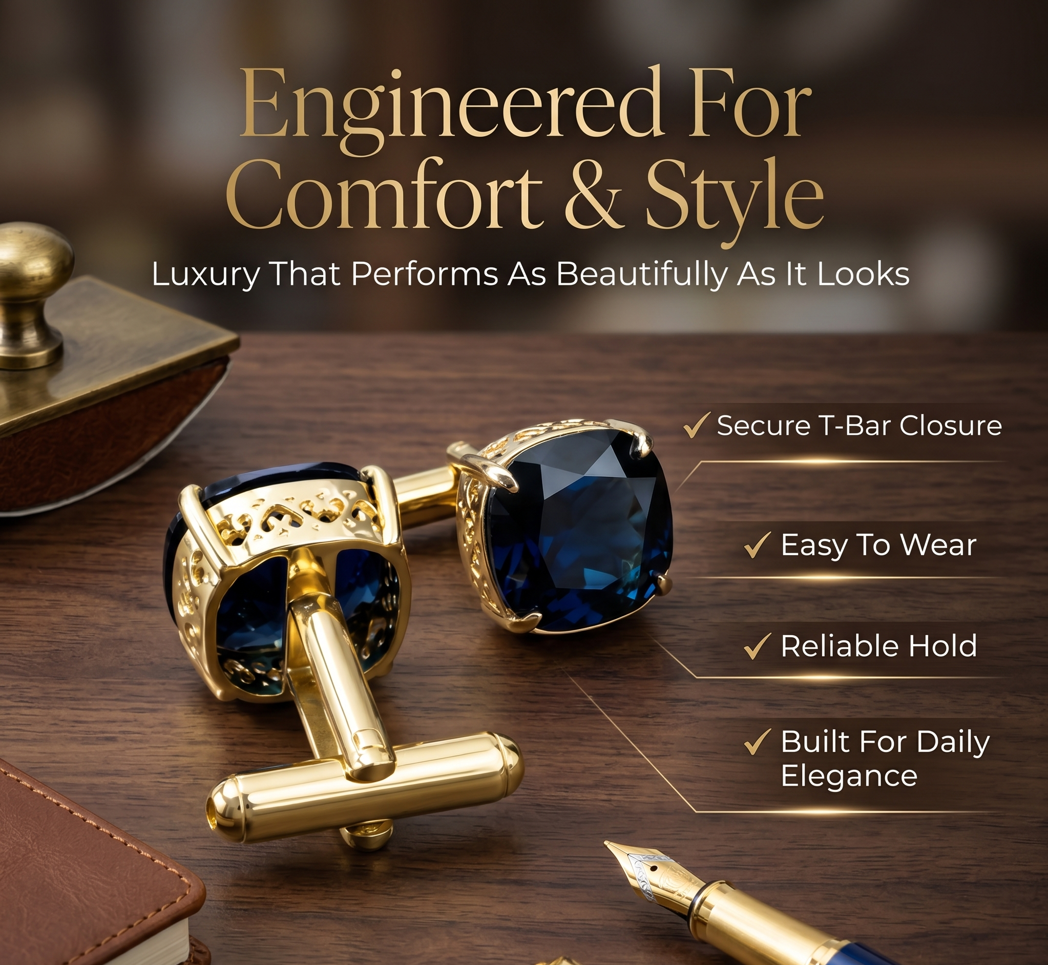 Blue Sapphire-Inspired Cufflinks for Men | Gold Plated Brass Metal Cuff Links | Premium Formal Shirt Accessories for Weddings, Business & Party Wear