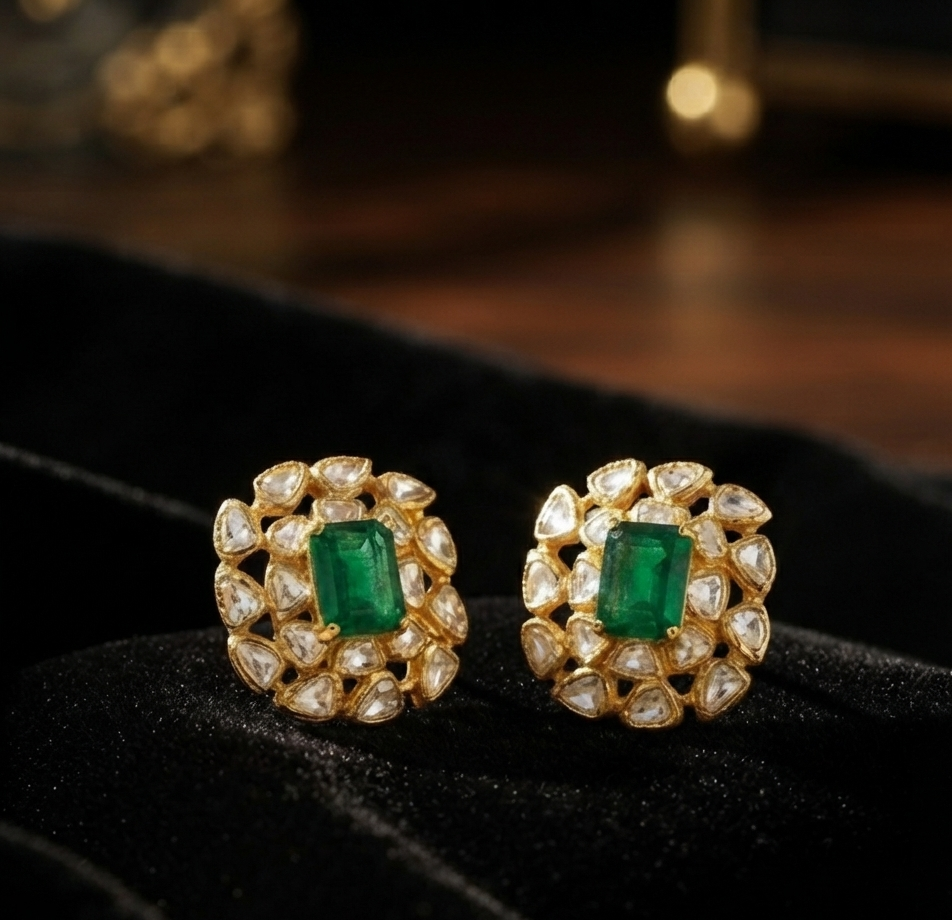 Gold Plated 925  Silver Moissanite Green Stone Stud Earrings | Elegant Floral Kundan Style Earrings for Women