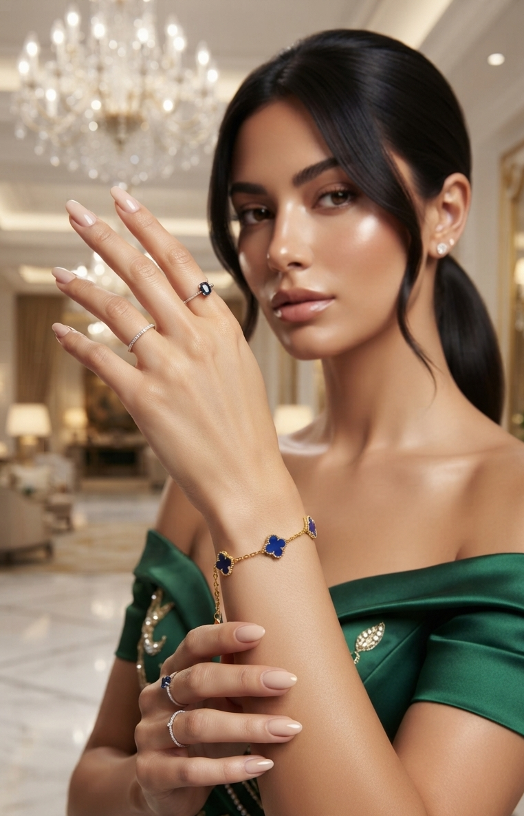 Gold Plated Brass Blue Clover Charm Bracelet for Women | Adjustable Fashion Bracelet | Elegant Everyday Jewellery