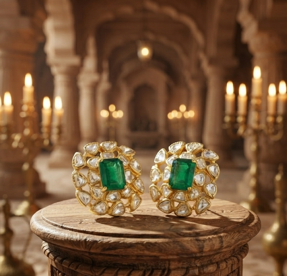 Gold Plated 925  Silver Moissanite Green Stone Stud Earrings | Elegant Floral Kundan Style Earrings for Women