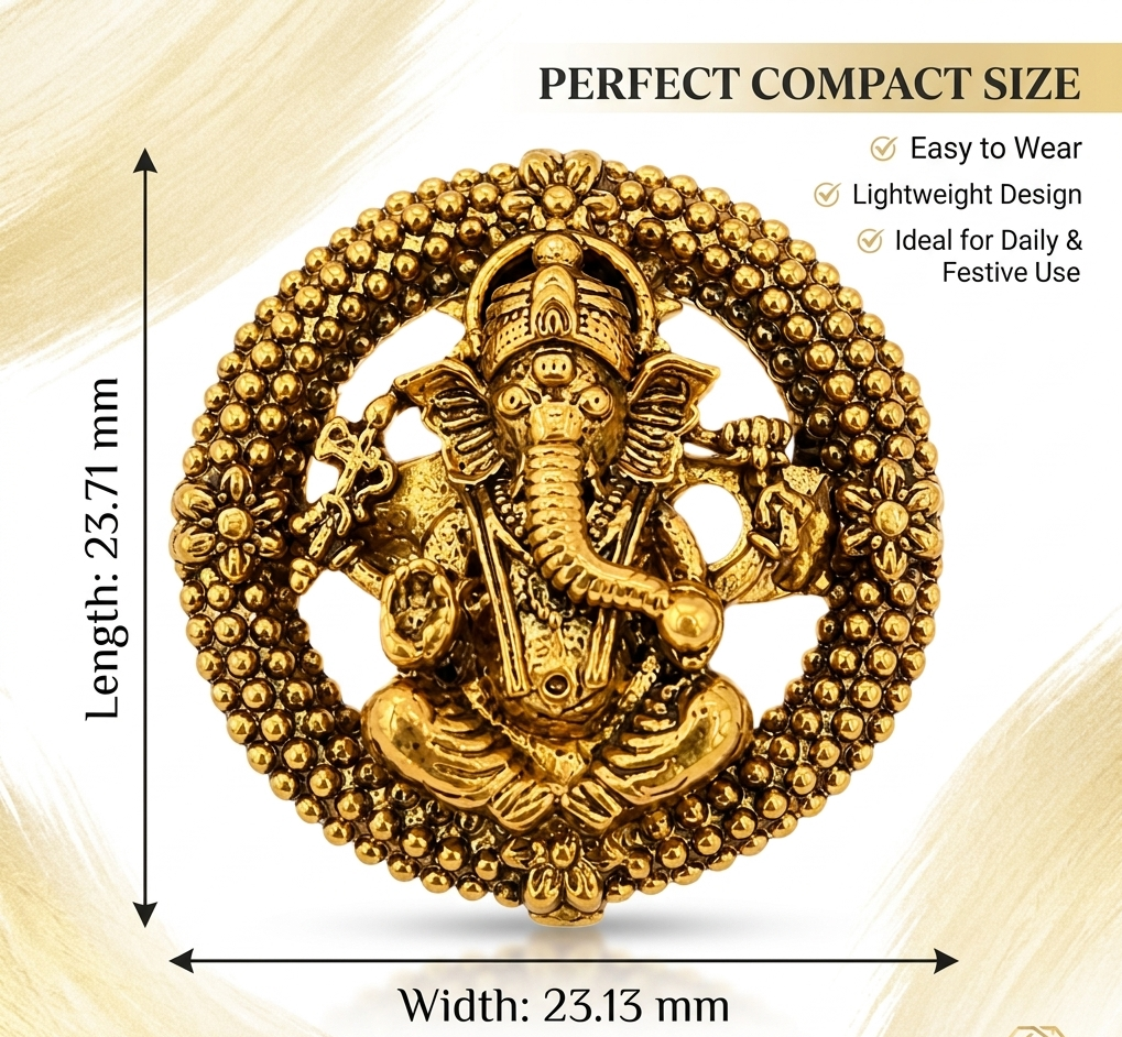 Antique Gold Lord Ganesha Brooch | Round Temple Style Ganpati Pin | Spiritual Ethnic Lapel Brooch for Men & Women