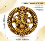 Antique Gold Lord Ganesha Brooch | Round Temple Style Ganpati Pin | Spiritual Ethnic Lapel Brooch for Men & Women