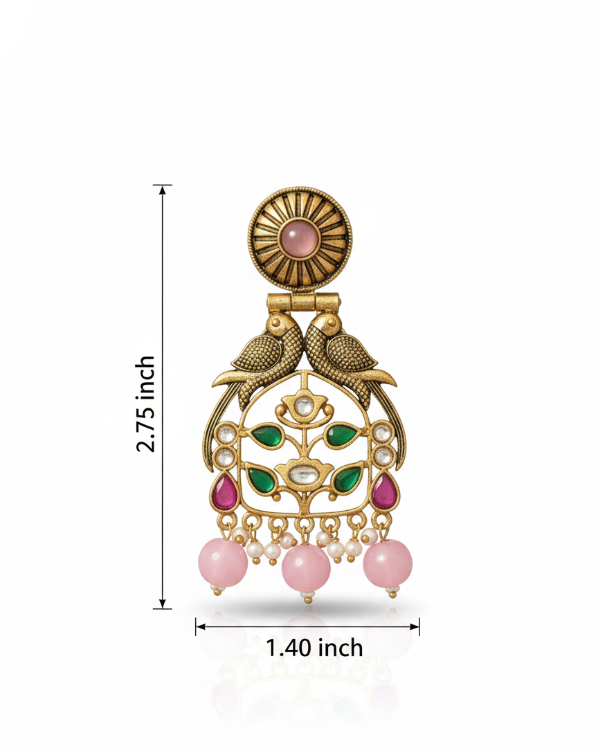 Handcrafted Oxidized Gold Plated Earrings with Colour Stones and Pink Bead Danglers