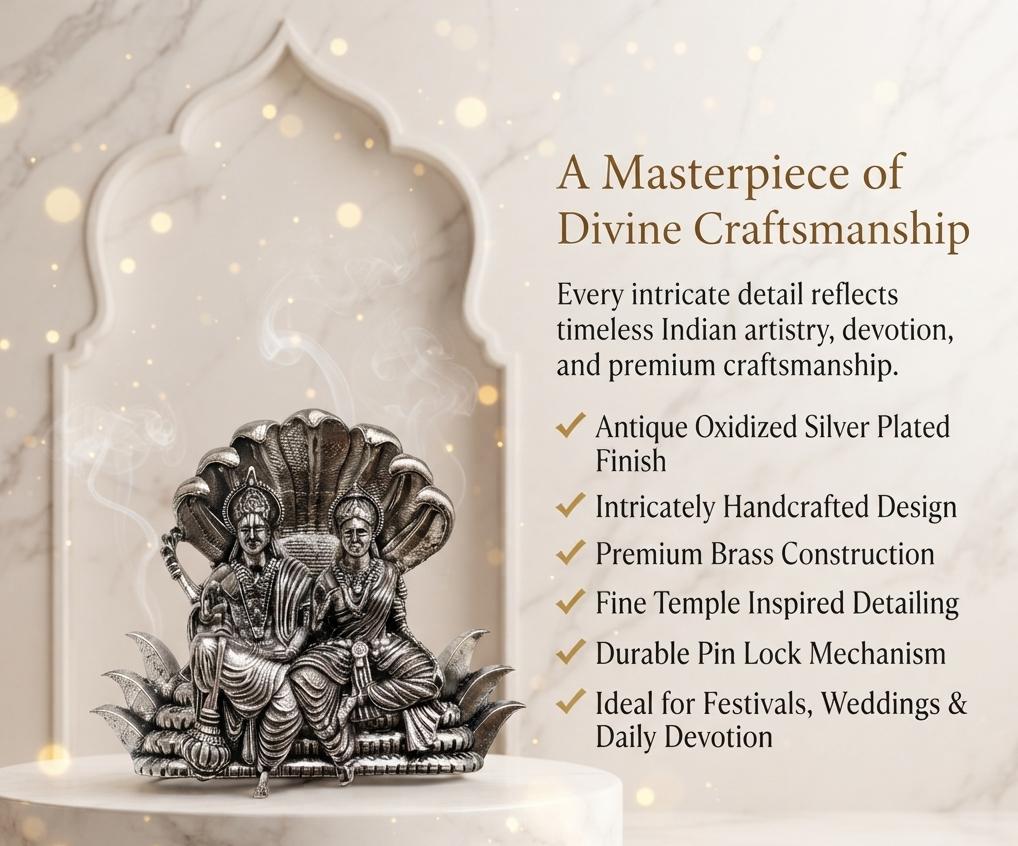 Antique Oxidized Silver Plated Brass Lakshmi Narayan Brooch for Men & Women | Religious Temple Brooch Pin for Saree, Sherwani, Blazer, Dupatta & Ethnic Wear | Spiritual Gift