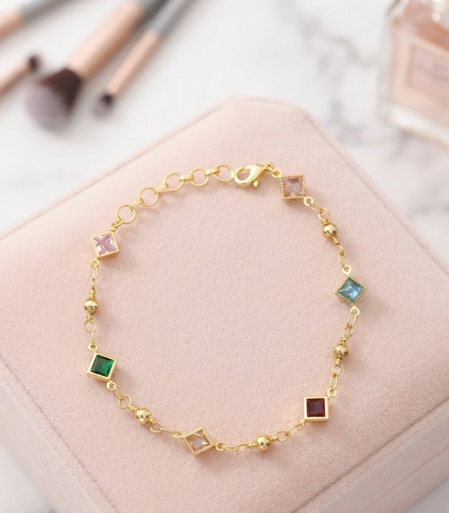 Gold Plated Brass Multicolour Square Crystal Bracelet | Adjustable Fashion Bracelet for Women & Girls