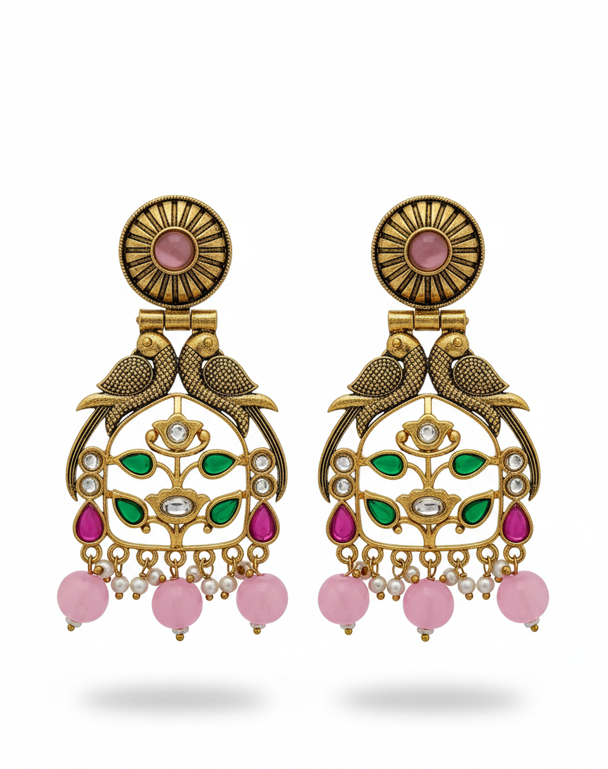 Handcrafted Oxidized Gold Plated Earrings with Colour Stones and Pink Bead Danglers