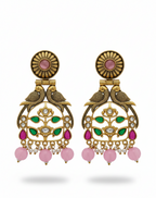 Handcrafted Oxidized Gold Plated Earrings with Colour Stones and Pink Bead Danglers