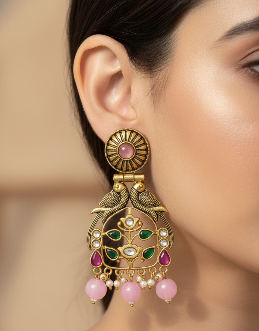 Handcrafted Oxidized Gold Plated Earrings with Colour Stones and Pink Bead Danglers