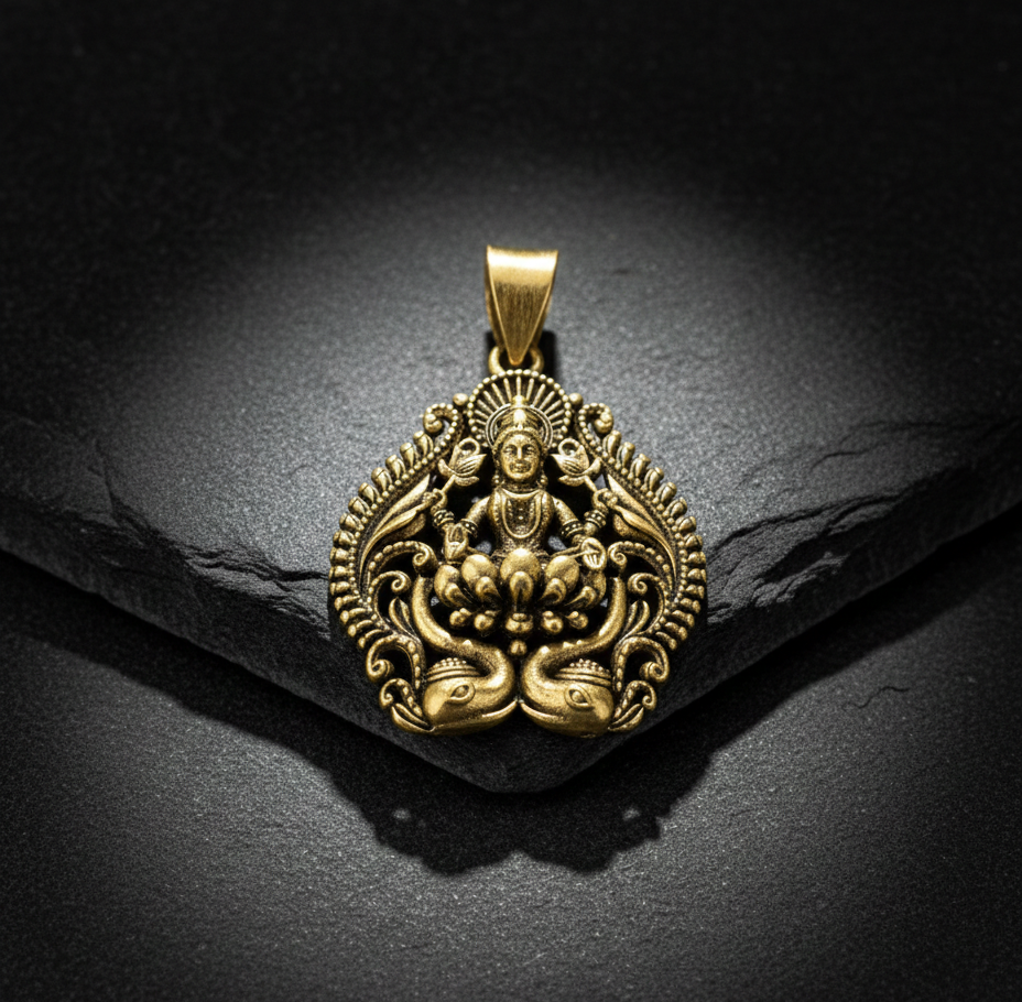 Premium Oxidized Gold Plated Goddess Lakshmi Pendant | Antique Craft