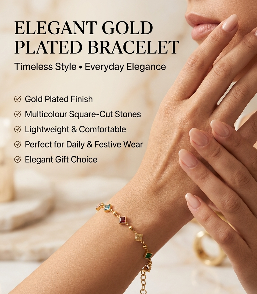 Gold Plated Brass Multicolour Square Crystal Bracelet | Adjustable Fashion Bracelet for Women & Girls