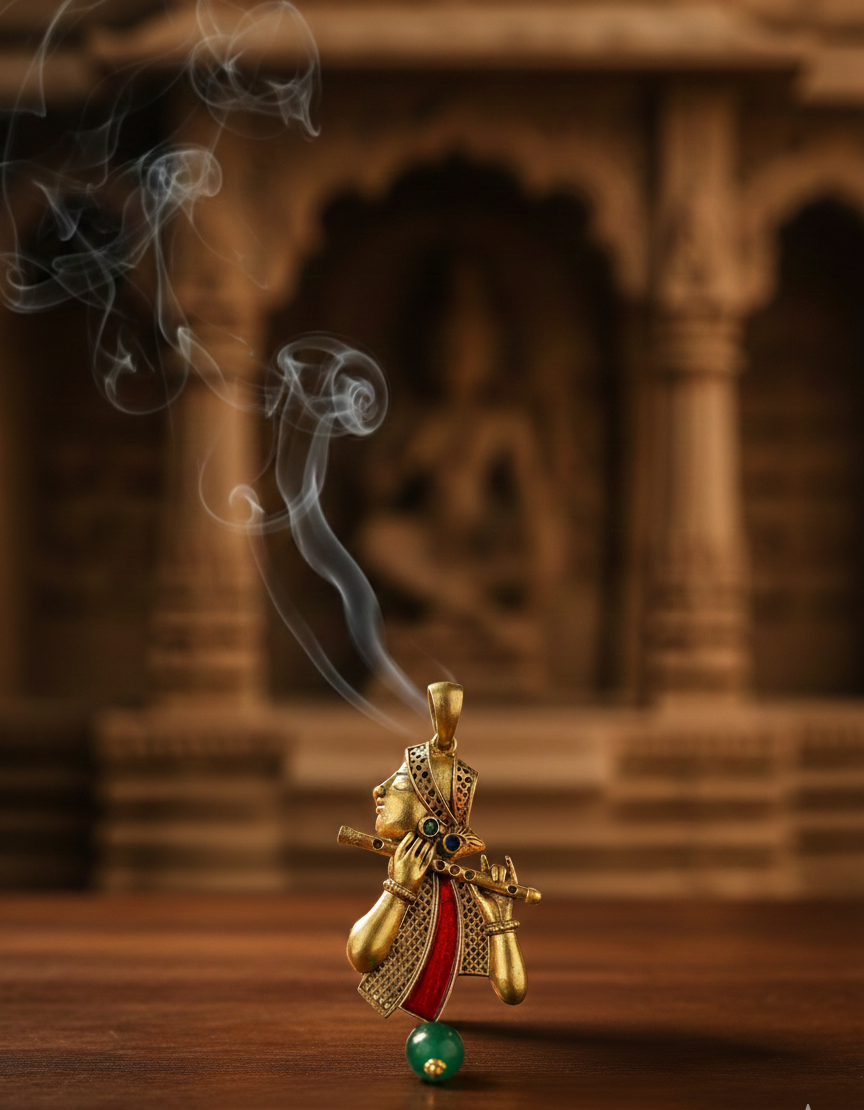 Krishna with Flute Antique Finish Gold Plated Pendant For Women And Mens