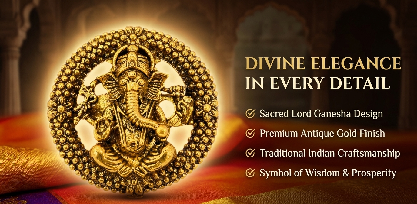 Antique Gold Lord Ganesha Brooch | Round Temple Style Ganpati Pin | Spiritual Ethnic Lapel Brooch for Men & Women