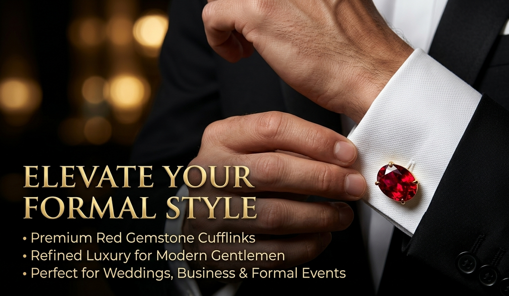 Classic Gold Plated Brass Oval Ruby Red Stone Formal Shirt Cufflinks
