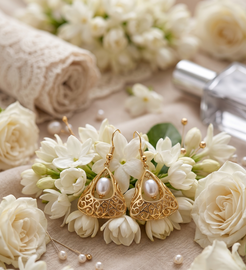 Gold Plated Brass Basket Drop Earrings with White Stone | Elegant Filigree Dangle Earrings for Women