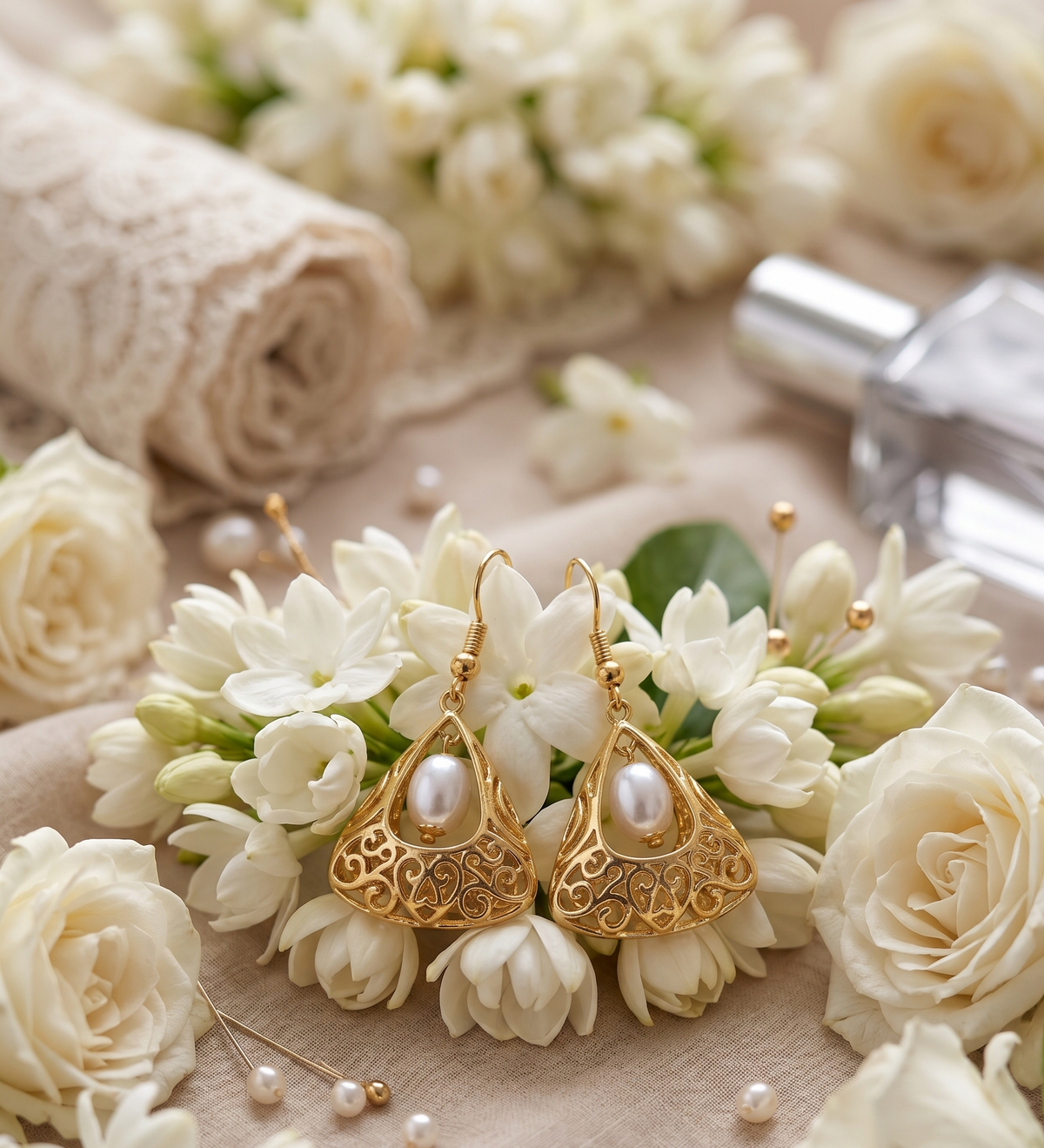Gold Plated Brass Basket Drop Earrings with White Stone | Elegant Filigree Dangle Earrings for Women