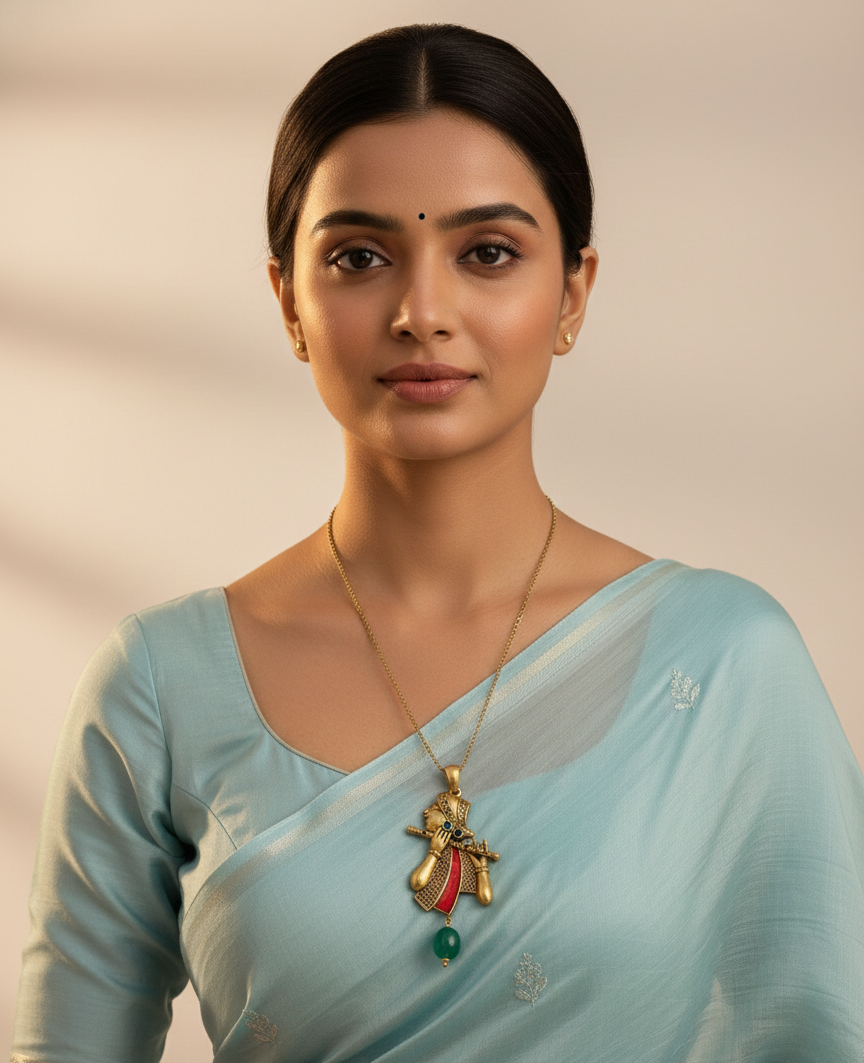 Krishna with Flute Antique Finish Gold Plated Pendant For Women And Mens