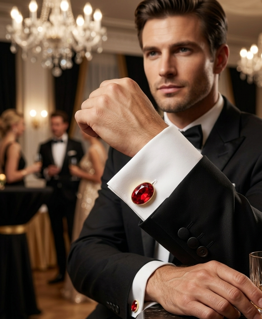 Luxe Man Ruby Red Oval Stone Cufflinks for Men | Luxury Formal Shirt Cuff Accessories