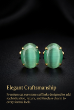 Green Cat's Eye Stone Gold-Plated Cufflinks for Men | Luxury Formal Accessories