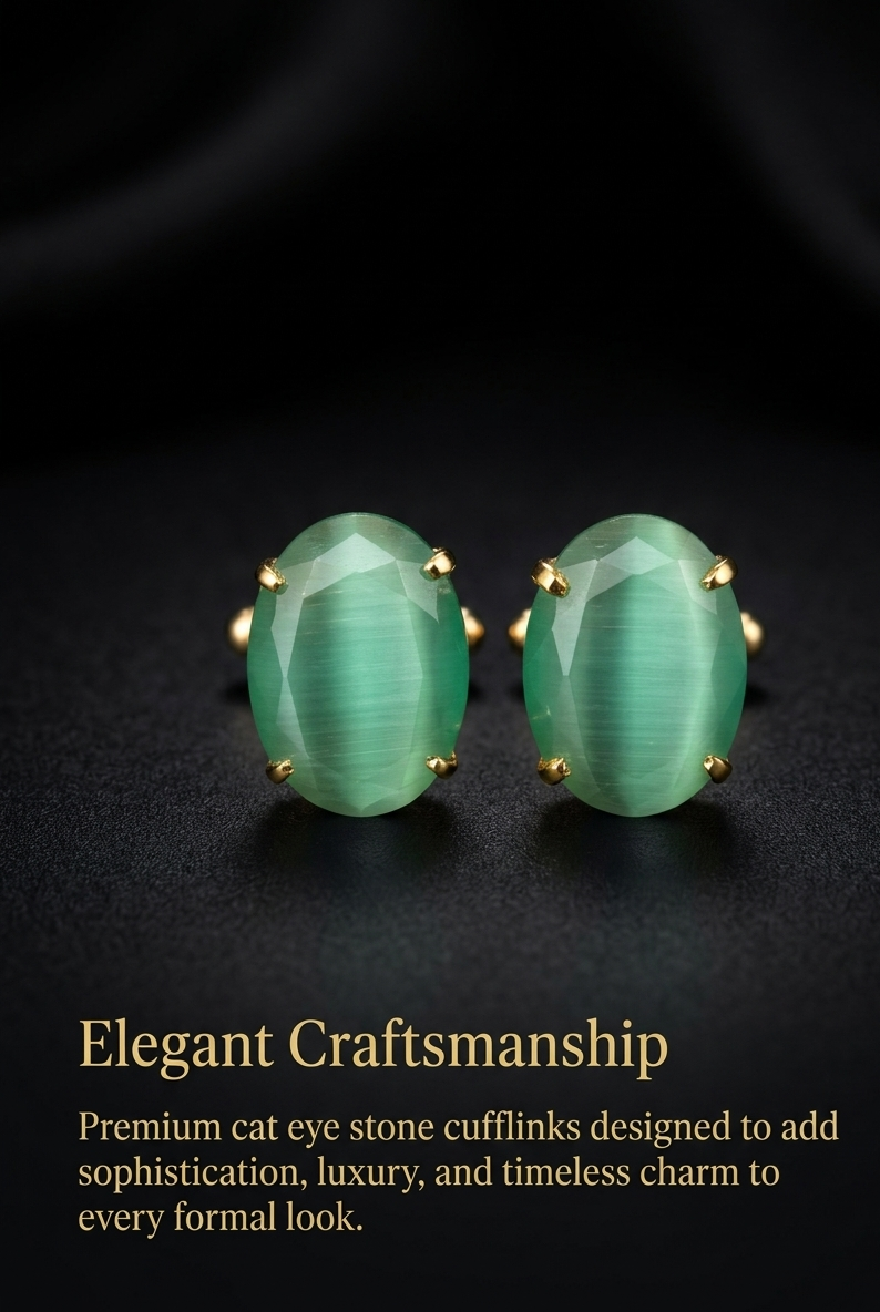 Green Cat's Eye Stone Gold-Plated Cufflinks for Men | Luxury Formal Accessories