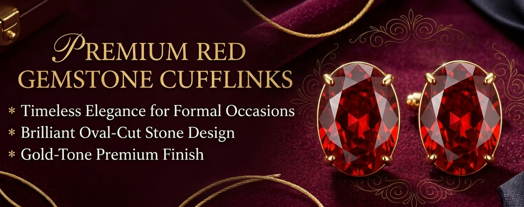 Classic Gold Plated Brass Oval Ruby Red Stone Formal Shirt Cufflinks