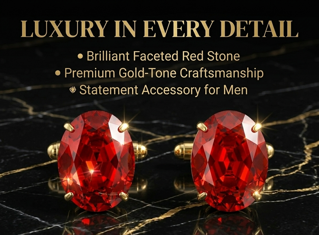 Classic Gold Plated Brass Oval Ruby Red Stone Formal Shirt Cufflinks