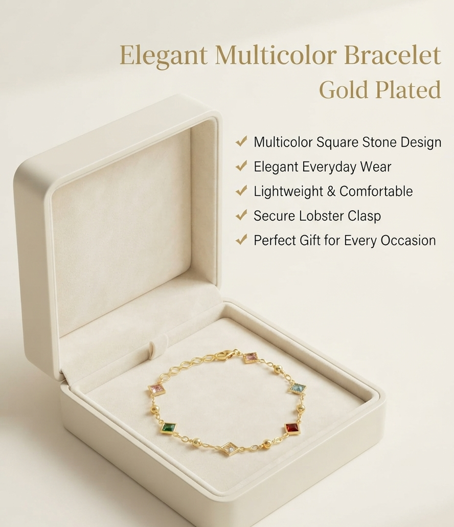 Gold Plated Brass Multicolour Square Crystal Bracelet | Adjustable Fashion Bracelet for Women & Girls