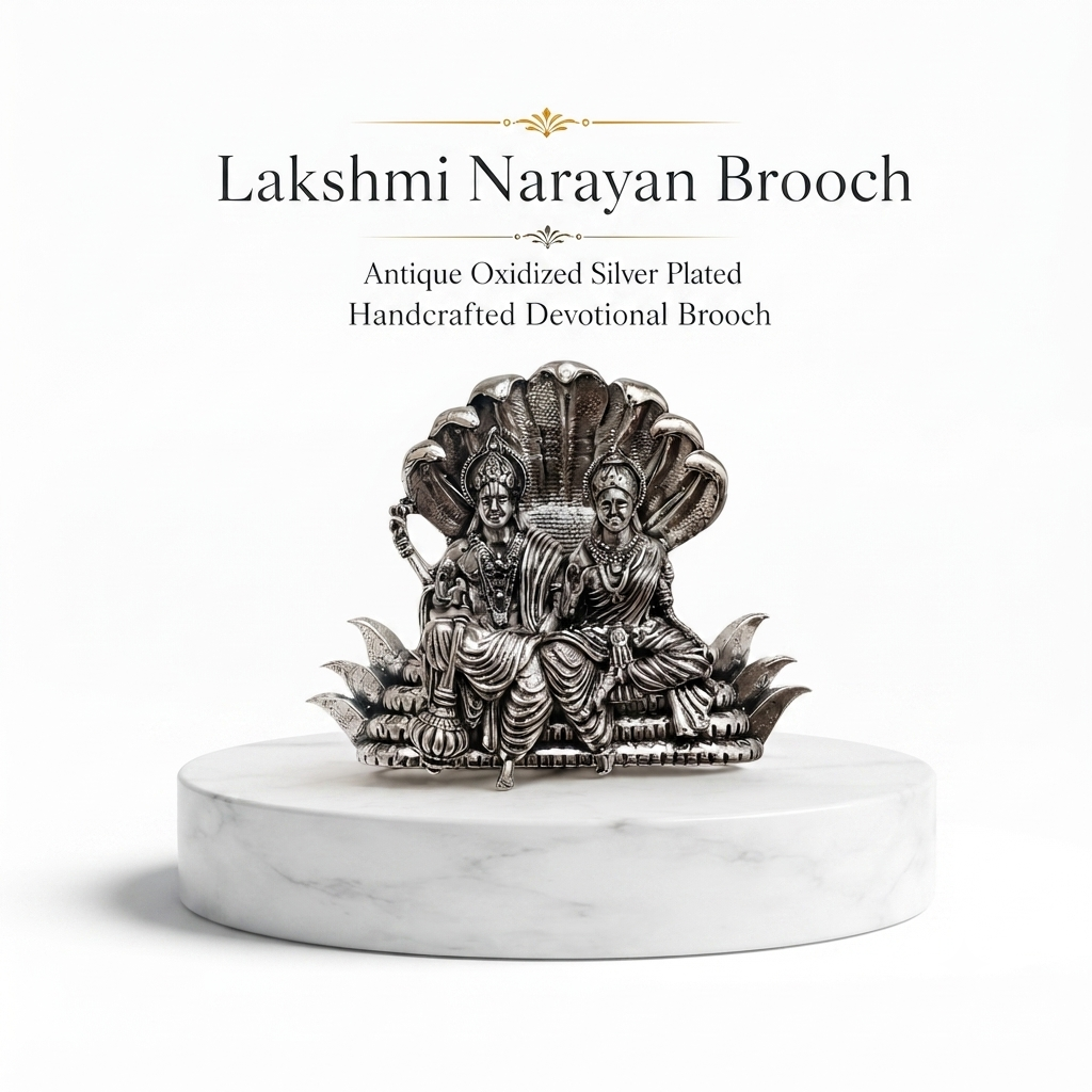 Antique Oxidized Silver Plated Brass Lakshmi Narayan Brooch for Men & Women | Religious Temple Brooch Pin for Saree, Sherwani, Blazer, Dupatta & Ethnic Wear | Spiritual Gift