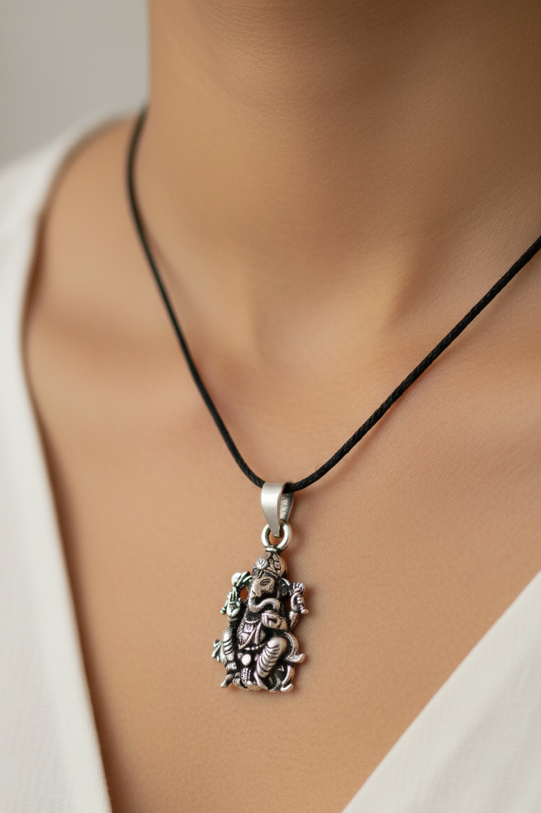 Premium Oxidised Silver Lord Ganesha Pendant | Ganpati Bappa Spiritual Jewellery for Protection & Prosperity