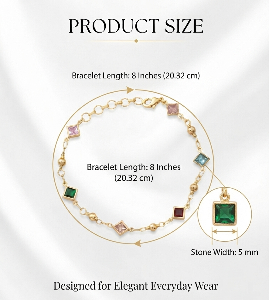 Gold Plated Brass Multicolour Square Crystal Bracelet | Adjustable Fashion Bracelet for Women & Girls