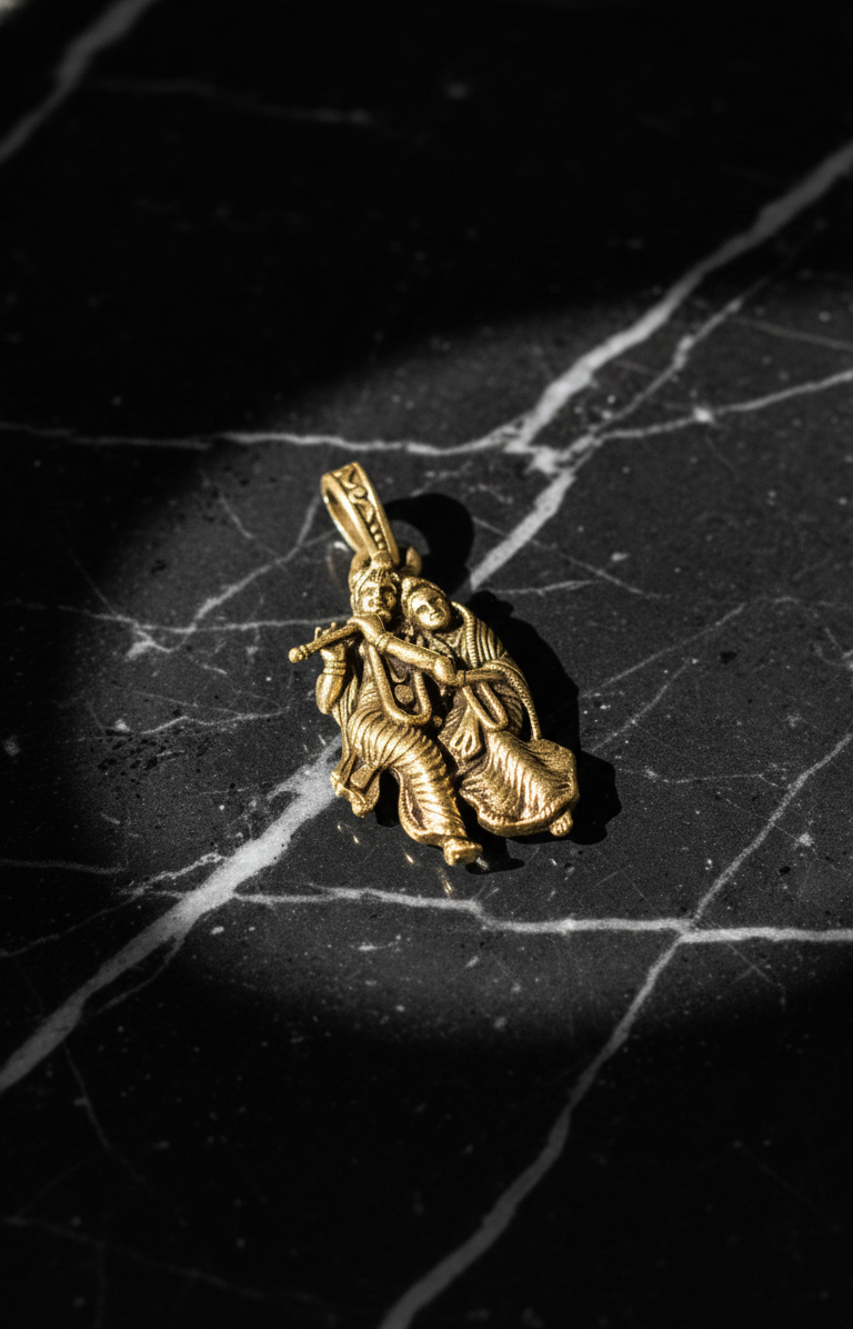 Gold Plated Radha Krishna Pendant – Traditional Flute Design Religious Jewellery