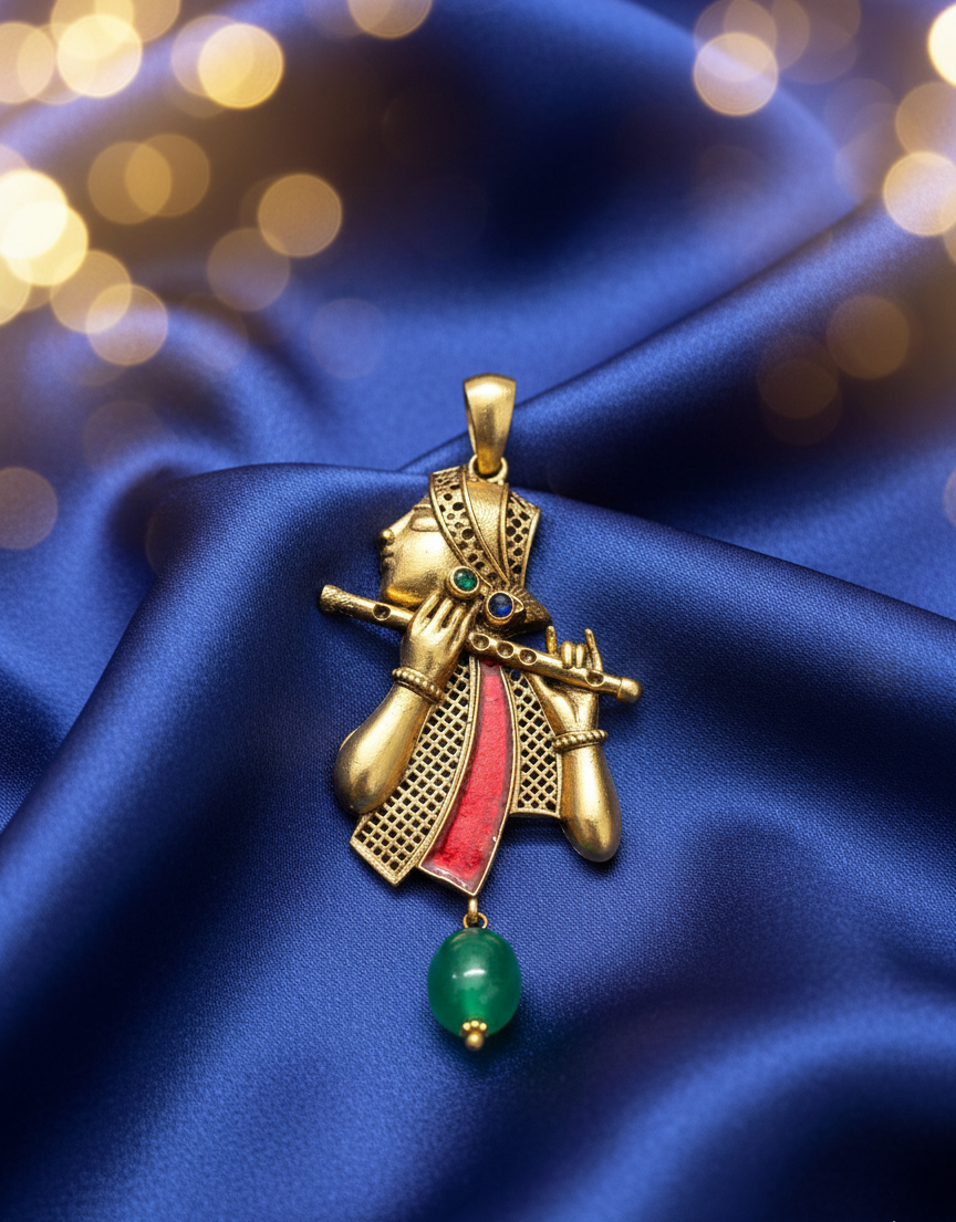 Krishna with Flute Antique Finish Gold Plated Pendant For Women And Mens