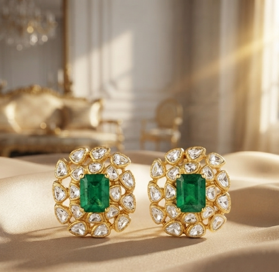 Gold Plated 925  Silver Moissanite Green Stone Stud Earrings | Elegant Floral Kundan Style Earrings for Women