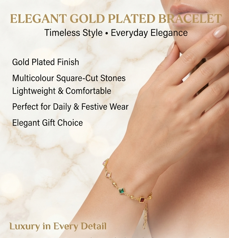 Gold Plated Brass Multicolour Square Crystal Bracelet | Adjustable Fashion Bracelet for Women & Girls